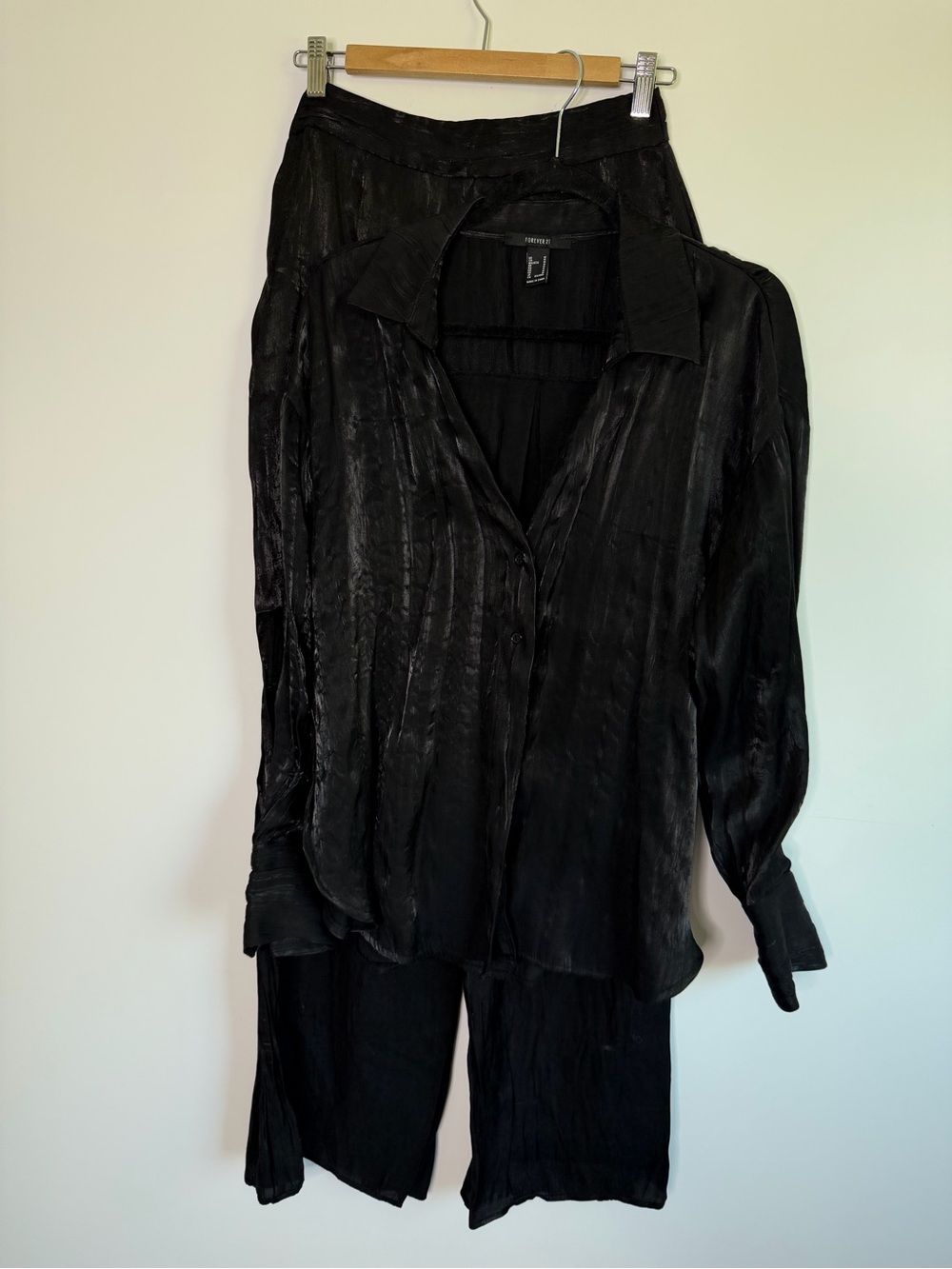 Holidays Black Satin Button-Front Blouse and Flare pants Set - 2-piece